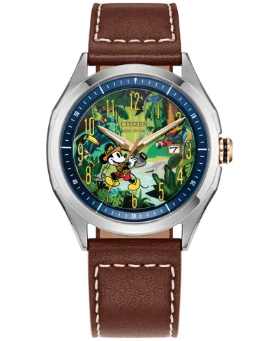 Citizen Eco-drive Men's Disney Mickey Mouse Explorer Brown Leather Strap Watch 41mm In No Color