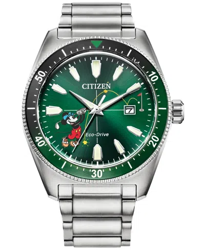 Citizen Eco-drive Men's Disney Mickey Mouse Stainless Steel Bracelet Watch 43mm In Silver-tone