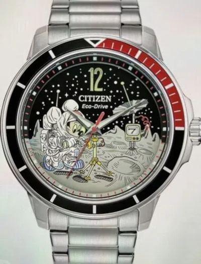 Pre-owned Citizen Eco-drive Men's Mickey Astronaut Stainless Steel Watch Red & Black Glow In Dark