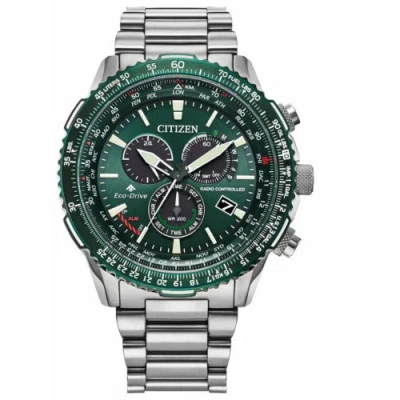 Pre-owned Citizen Eco-drive Men's Pcat Green Dial Stainless Steel Watch Cb5004-59w