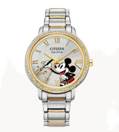 Pre-owned Citizen Eco-drive Mickey Mouse Ladies Crystal 2 Tone Stainles Bracelet Watch