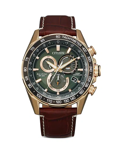 Citizen Eco-drive Men's Chronograph Pcat Brown Leather Strap Watch 43mm In Gold