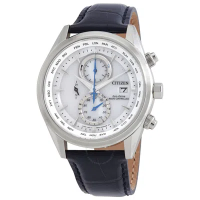 Citizen Eco-drive Perpetual Alarm World Time Chronograph Gmt White Dial Men's Watch At8260-18a In Blue/white/silver Tone