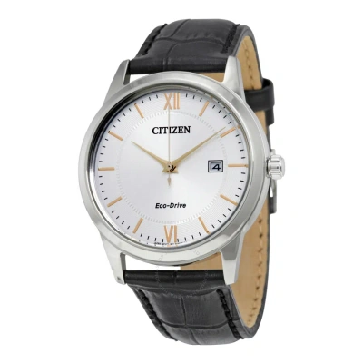 Citizen Eco-drive Silver Dial Black Leather Men's Watch Aw1236-03a In Black / Gold Tone / Rose / Rose Gold Tone / Silver