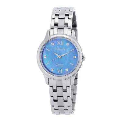 Citizen Eco-drive Titanium Diamond Blue Mother Of Pearl Dial Ladies Watch Em0720-85n In Blue / Grey / Mother Of Pearl