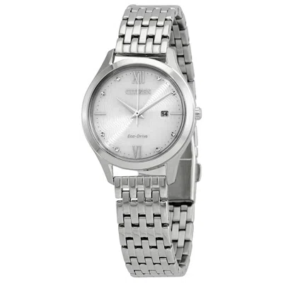 Citizen Eco-drive White Dial Stainless Steel Ladies Watch Ew2530-87a In White/silver Tone