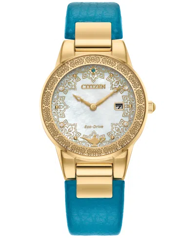 Citizen Eco-drive Women's Disney Aladdin's 30th Anniversary Teal Leather Strap Watch 30mm Gift Set