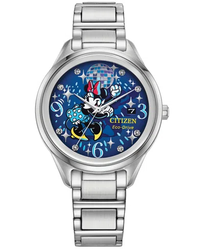 Citizen Eco-drive Women's Disney Disco Minnie Mouse Stainless Steel Bracelet Watch 37mm In Silver-tone