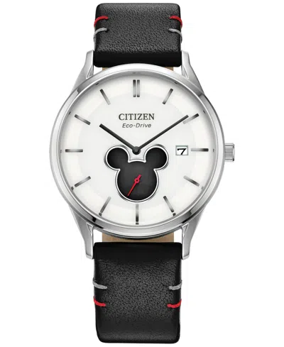 Citizen Eco-drive Women's Disney Mickey Mouse Black Leather Strap Watch 40mm In Black / White