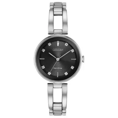Pre-owned Citizen Em0636-55f Axiom Eco-drive Black Dial Diamond Steel Women's Watch