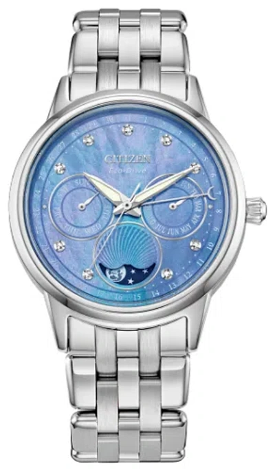 Pre-owned Citizen Fd0000-52n Calendrier Eco-drive Moon Phase Diamond Mop Blue Dial Watch