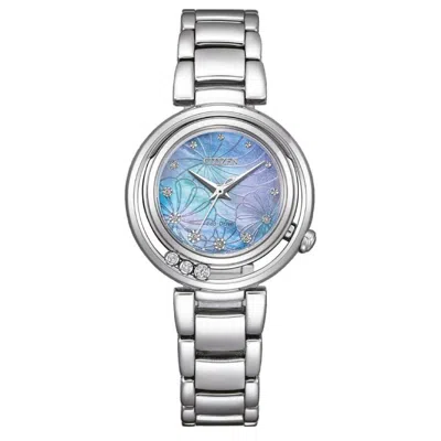Citizen L Eco-drive Diamond Mother Of Pearl Blue Dial Ladies Watch Em1110-81n In Mother Of Pearl/blue/silver Tone