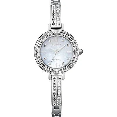 Pre-owned Citizen Ladies' Silhouette Crystal Eco-drive Bangle Watch 3-hand Mother-of-pe... In Stainless Steel
