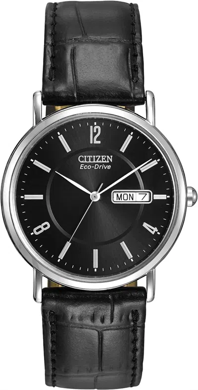 Citizen Men's Eco-drive Leather Watch In Black In Silver