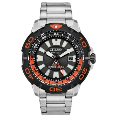 Pre-owned Citizen Men's Eco-drive Promaster Dive Watch, Black Gmt Bj7129-56e In Silver Bracelet, Black Dial