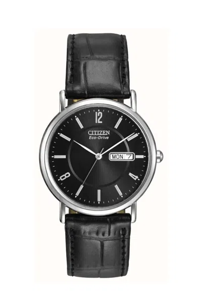 Citizen Men's Leather Strap Eco-drive Watch In Black In Silver
