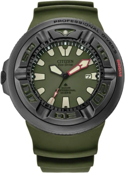Pre-owned Citizen Men's Promaster Dive Eco-drive Watch, 3-hand Date, Polyurethane Strap, I In Green Strap/black Ion-plated