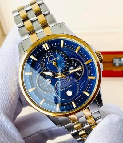 Pre-owned Citizen Moonphase Dual Tone Calendrier Men's Watch Eco-drive Bu0054-52l