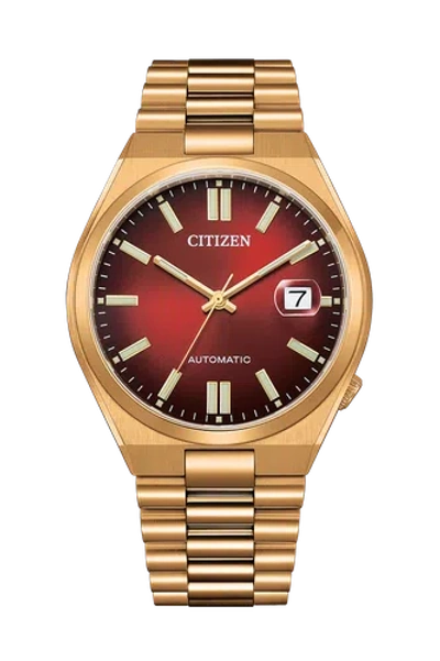 Pre-owned Citizen Nj0153-82x Automatic Date Display Red Dial Gold Tone Stainless Steel