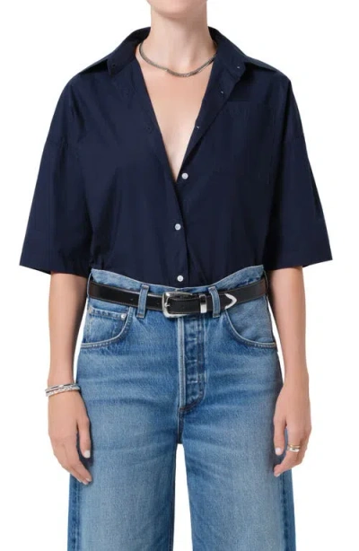 Citizen Of Humanity Citizens Of Humanity Frances Cape Cotton Cropped Button-up Shirt In Blue