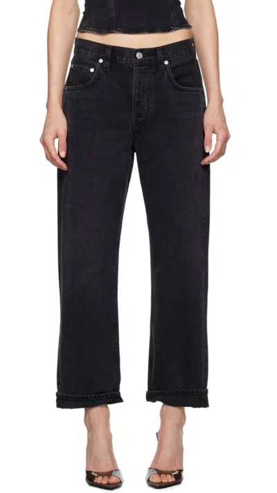 CITIZEN OF HUMANITY DAHLIA BOW LEG BABY ROLL TAPER JEANS IN STONINGTON BLACK