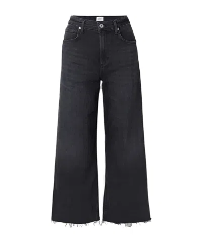 Citizen Of Humanity Lyra Frayed Cropped High-rise Wide-leg Jeans In Black