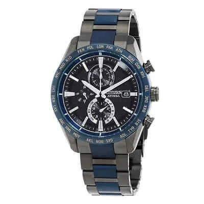 Pre-owned Citizen Perpetual Alarm World Time Chronograph Gmt Black Dial Watch At8187-75e