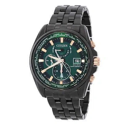 Pre-owned Citizen Perpetual Alarm World Time Eco-drive Gmt Green Dial Men's Watch
