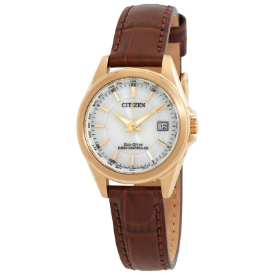 Citizen Perpetual World Time White Dial Ladies Watch Ec1183-16a In Brown / Gold Tone / White