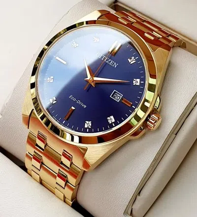 Pre-owned Citizen Peyten Eco-drive Bm7103-51l Blue Dial Gold Tone Sapphire Crystal Watch