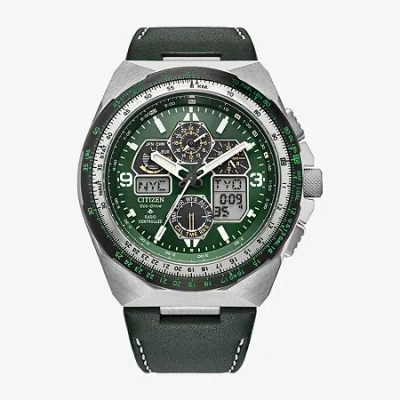 Citizen Promaster Air Mens Chronograph Green Leather Strap Watch Jy8147-01x In Multi