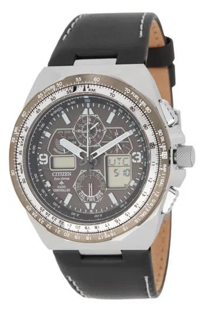 Citizen Promaster Air Skyhawk A-t Chronograph Leather Strap Watch, 46mm In Black