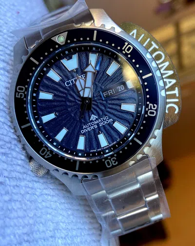 Pre-owned Citizen Promaster Automatic Sapphire Crystal Blue Dial Diver's Watch Ny0136-52l