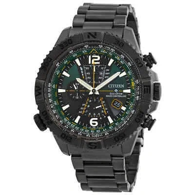 Pre-owned Citizen Promaster Navihawk A-t Perpetual World Time Chronograph Gmt Green Dial