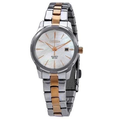 Citizen Quartz White Mother Of Pearl Dial Ladies Watch Eu6074-51d In Two Tone  / Gold Tone / Mother Of Pearl / White / Yellow
