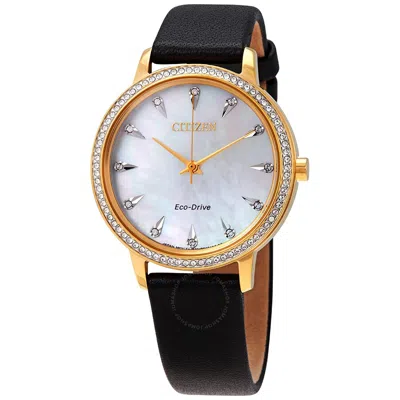 Citizen Silhouette Crystal Mother Of Pearl Dial Ladies Watch Fe7042-07d In Mother Of Pearl/gold Tone/black