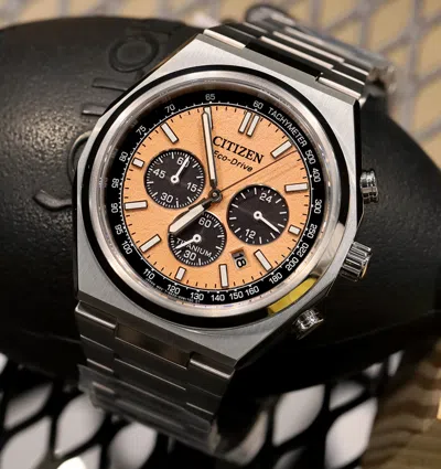 Pre-owned Citizen Super Titanium Sapphire Zenshin Chronograph Salmon Dial Watch Ca4610-85z