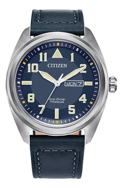 Citizen Titanium Leather Strap Watch, 42mm In Blue