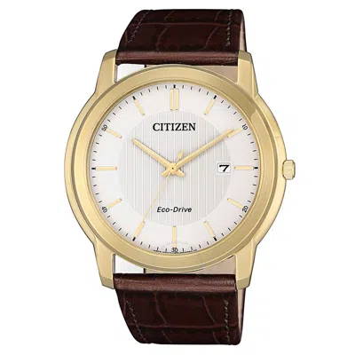 Citizen White Dial Brown Leather Men's Watch Aw1212-10a In Brown/white/gold Tone