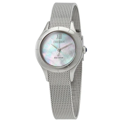 Citizen White Mother Of Pearl Dial Stainless Steel Mesh Ladies Watch Em0780-83d In Mother Of Pearl / White