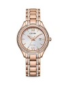 Citizen Silhouette Crystal Womens Crystal Accent Rose Goldtone Stainless Steel Bracelet Watch Fe1233-52a In White/pink