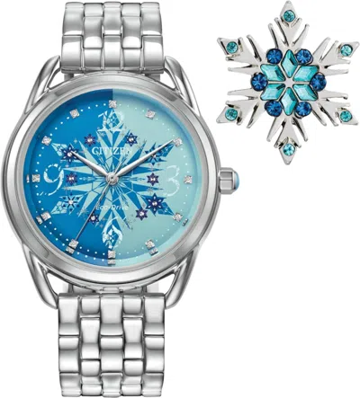 Pre-owned Citizen Women's Eco-drive Disney Princess Frozen Crystal Watch And Pin Gift Set