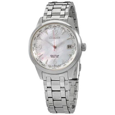 Citizen World Time Mother Of Pearl Dial Ladies Watch Fc8001-87d In Metallic