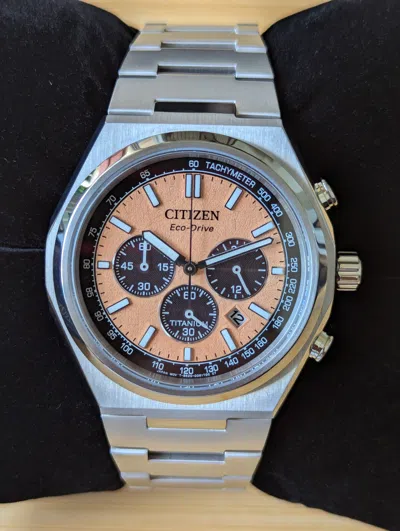 Pre-owned Citizen Zenshin Super Titanium Sapphire Chronograph Salmon Dial Watch Ca4610-85z