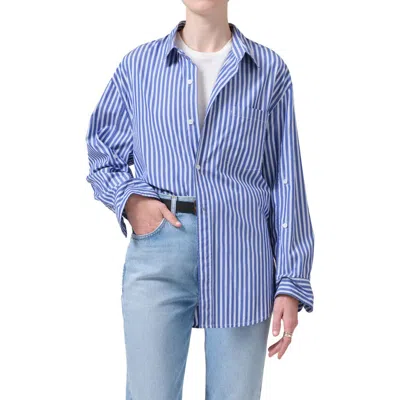 Citizen Of Humanity Citizens Of Humanity Kayla Mesa Stripe Oversize Button-up Shirt In Navy Mesa