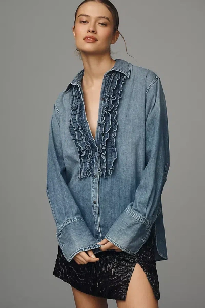Citizens Of Humanity Ruffle Tuxedo Denim Buttondown Shirt In Blue