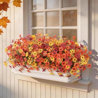 Citrus 12 Bundles Faux Autumn Mum Flowers – Uv-resistant Garden & Porch Décor In Orange