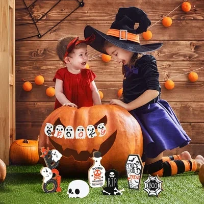 Citrus 12-piece Halloween Tiered Tray Décor Set – Rustic Haunted House Wooden Signs In Black