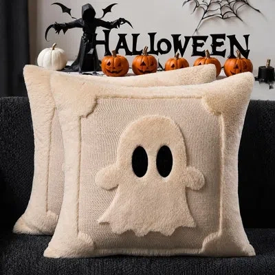 Citrus 18" X 18" Halloween Pillow Covers – 2-pack Beige Ghost Plush Cases