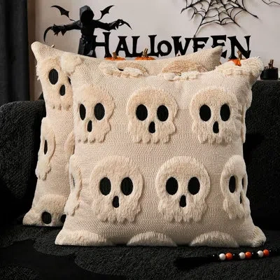 Citrus 18" X 18" Skeleton Halloween Pillow Covers – 2-pack Beige Plush Cases In Brown